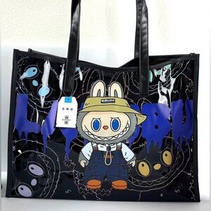 Black Graphic with Labubu Character Tote Bag